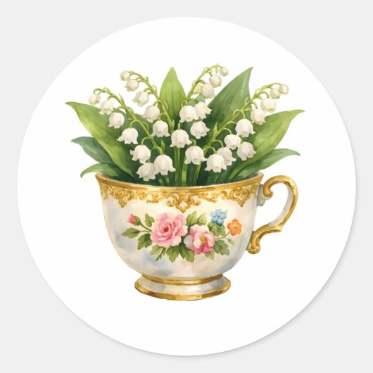 すずらんの花のビンテージ ティーカップ ラウンドシール (正面)