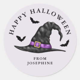 すてきなハロウィーンに ライラック色の魔法使いの帽子とコウモリ ラウンドシール