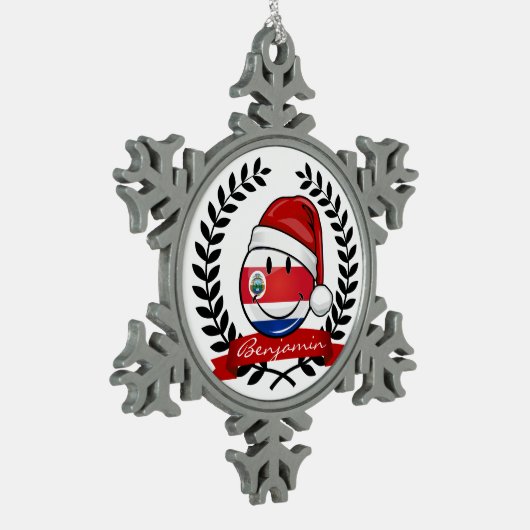 すてきな微笑のクリスマスのコスタリカ人の旗 スノーフレークピューターオーナメント (左)