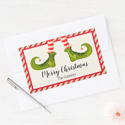 すてきクリスマス小人とストライプ休日 長方形シール (封筒)