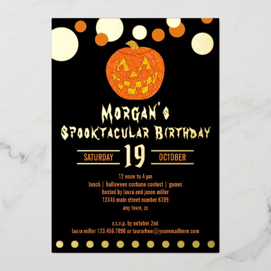 すてきハロウィーンのカボチャのちょうちんキッズアダルトハロウィーン誕生日 箔招待状 (正面)