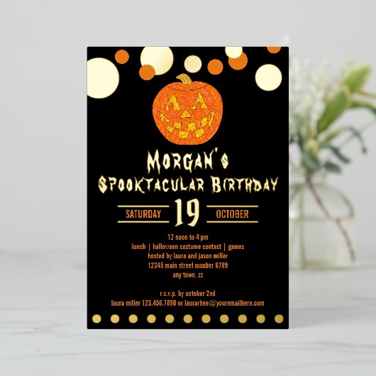 すてきハロウィーンのカボチャのちょうちんキッズアダルトハロウィーン誕生日 箔招待状 (立ち正面)