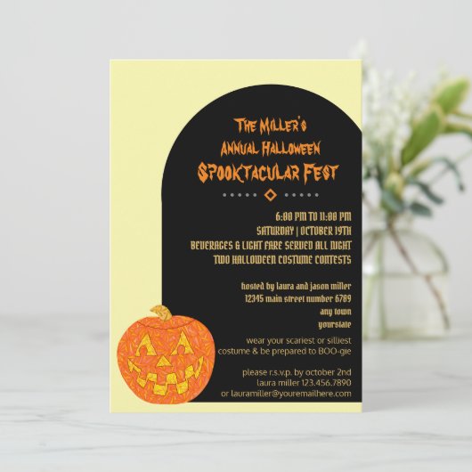 すてきハロウィーンのカボチャのちょうちんクールキッズまたは大人パーティー 招待状 (スタンド正面)