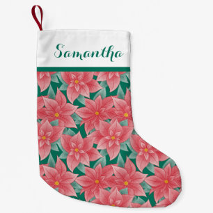 すてき緑と赤のポインセチパーソナライズされたア名 スモールクリスマスストッキング