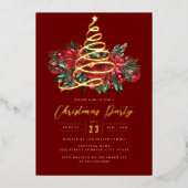 すてき金ゴールドツリー赤い葉クリスマスパーティー 箔招待状 (正面)