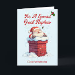 すてきSanta in Chimney甥の素晴らしクリスマス シーズンカード<br><div class="desc">おもしろいのデザインを持つ素晴らし甥のためのクリスマスカーすてきドは、雪の覆いのあるレンガの煙突に貼り付けた。全ての文字は修正できる。タイトルカスタマイズと誰のためのものかを修正し、その後、名前と自分のメッセージを内側にパーソナライズする。背景色はパステルブルーであるが、削除または必要に応じて変更することができもしるクリック。単にパーソナライズボタンと側面の背景を選択す離れる。任意の孫、孫、息子男女兼用や娘、姪や甥のための甘い、かわい素晴らしい、デザイン。または任意の子供。</div>