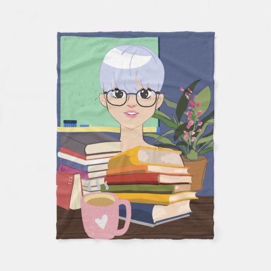 すばらしいアニメ、本を持った女の子。 フリースブランケット (正面)
