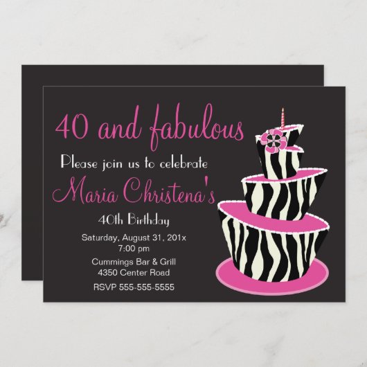 すばらしいシマウマの誕生日のパーティの招待状 (Pink) 招待状 (正面/裏面)