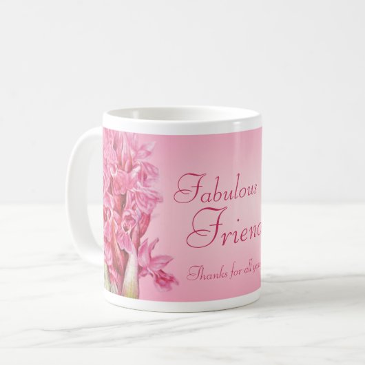 "すばらしい友人"のピンクの蘭はマグを感謝していしています コーヒーマグカップ (正面左)