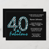 すばらしい第40黒およびティール(緑がかった色)のシマウマの誕生日 招待状 (正面/裏面)