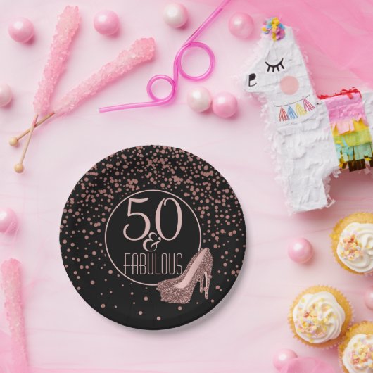 すばらしい第50誕生会|のばら色の金ゴールドの黒 ペーパープレート (パーティー)