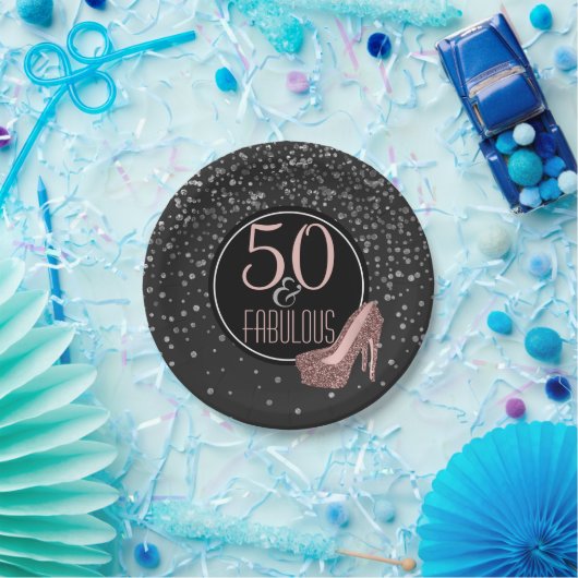すばらしい第50誕生会|の黒い銀製のピンク ペーパープレート (パーティー)