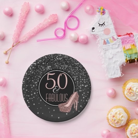 すばらしい第50誕生会|の黒い銀製のピンク ペーパープレート (パーティー)