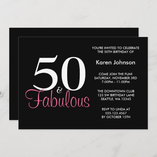 すばらしい第50黒く、ピンクの誕生日の招待状 招待状 (正面/裏面)