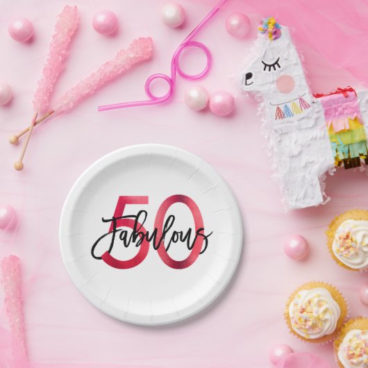 すばらしい第50 |のモダンでエレガントでシックで赤い誕生日 ペーパープレート (パーティー)