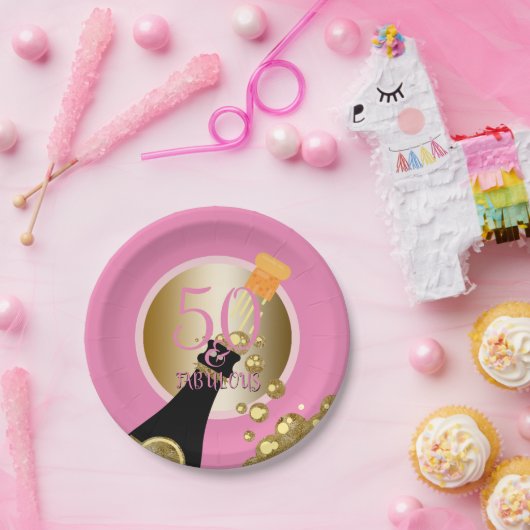 すばらしい50ピンクの金ゴールドのシャンペンの第50誕生日 ペーパープレート (パーティー)
