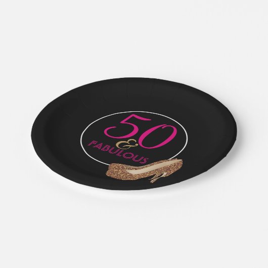 すばらしい50ピンクの黒い金ゴールド|の第50誕生会 ペーパープレート (アングル)