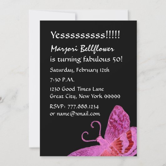 すばらしい50誕生会のピンクの蝶 招待状 (裏面)