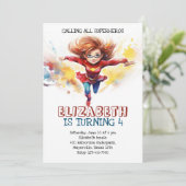 すぱーガール 水彩 子供の誕生日パーティー 招待状 (スタンド正面)