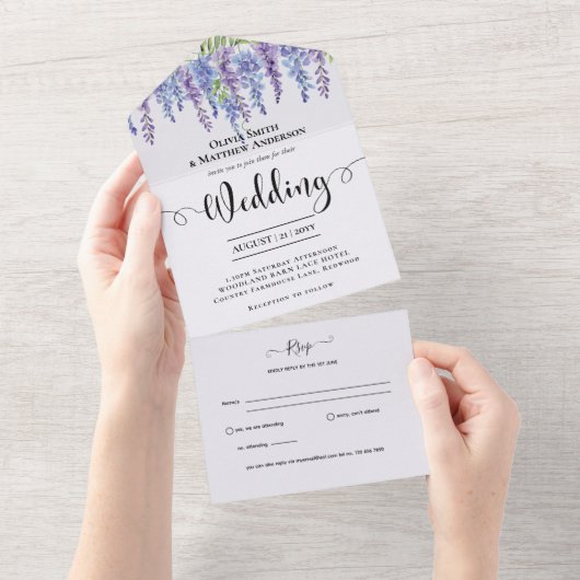 すべてが含まれたパープル藤の花の結婚式出欠確認 オールインワン招待状 (貼ってはがせる)