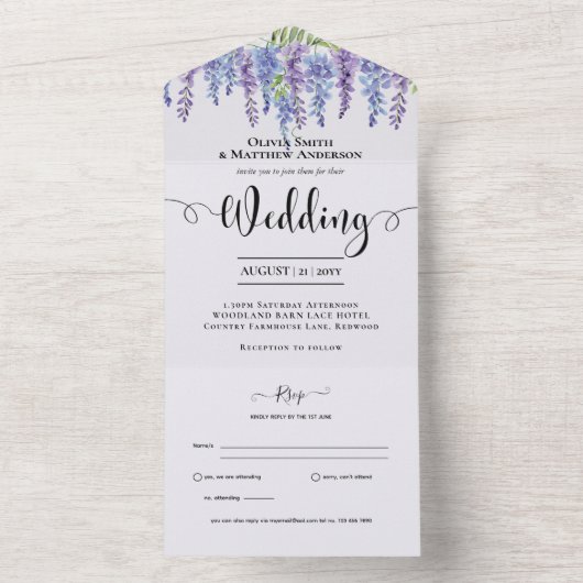 すべてが含まれたパープル藤の花の結婚式出欠確認 オールインワン招待状 (内側)