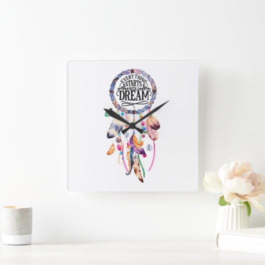 すべてが夢の生活の引用文から始まる スクエア壁時計 (ホーム)