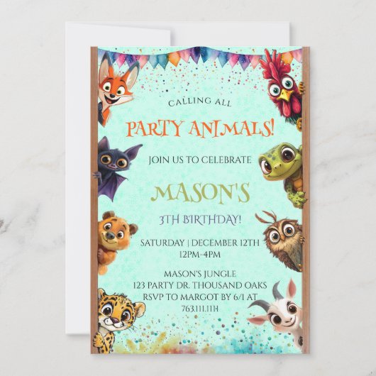 すべてのお洒落パーティー動物の呼び出し誕生日 招待状 (正面)