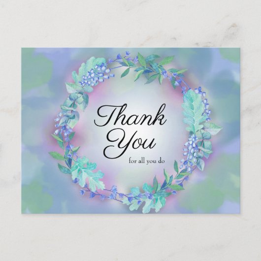 すべてのご尽力に感謝 ブルー パープル フラワーリース ポストカード (正面)