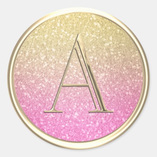 すべてのイニシャルモノグラムグラデーショングリッターホットピンク ラウンドシール (正面)