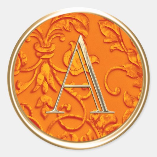 すべてのイニシャル金ゴールドモノグラムオンオレンジダマスク ラウンドシール (正面)