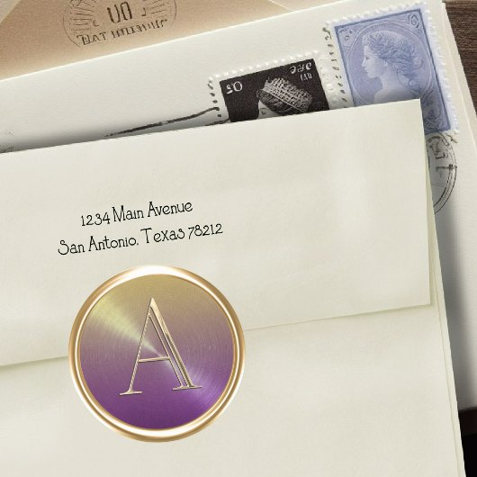 すべてのイニシャル金ゴールドモノグラムオンパープルグラデーション ラウンドシール