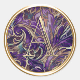 すべてのイニシャル金ゴールドモノグラムオンパープルダマスク ラウンドシール