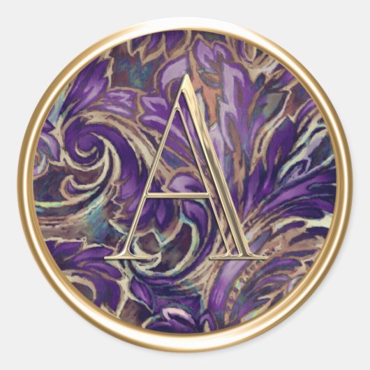 すべてのイニシャル金ゴールドモノグラムオンパープルダマスク ラウンドシール (正面)