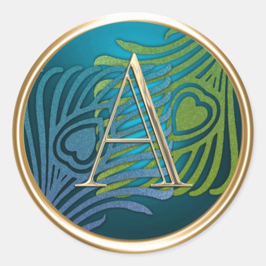 すべてのイニシャル金ゴールドモノグラムブルーとグリーンピーコック ラウンドシール (正面)