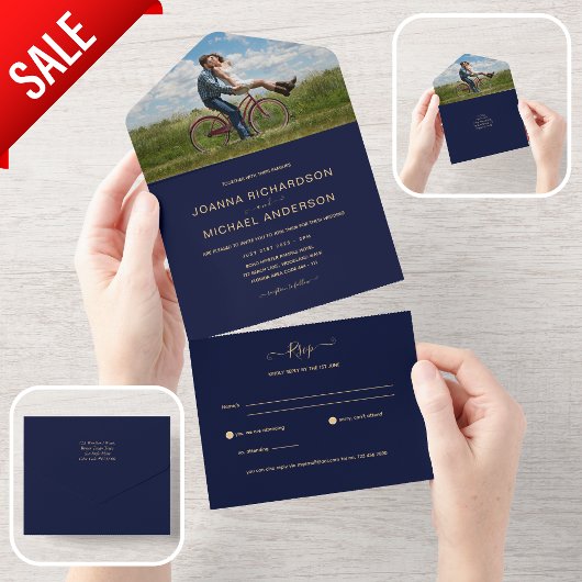 すべてのインクルーシブ海軍金ゴールドフォトウェディングRSVP オールインワン招待状