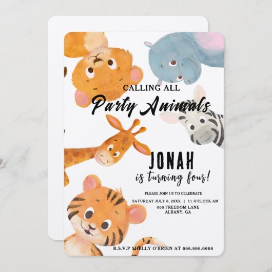 すべてのカッコいいパーティー動物子供の誕生日パーティーの呼び出し 招待状 (正面/裏面)