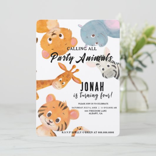 すべてのカッコいいパーティー動物子供の誕生日パーティーの呼び出し 招待状 (スタンド正面)