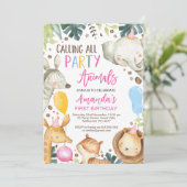 すべてのカラフルパーティー動物サファリ誕生日 招待状 (スタンド正面)