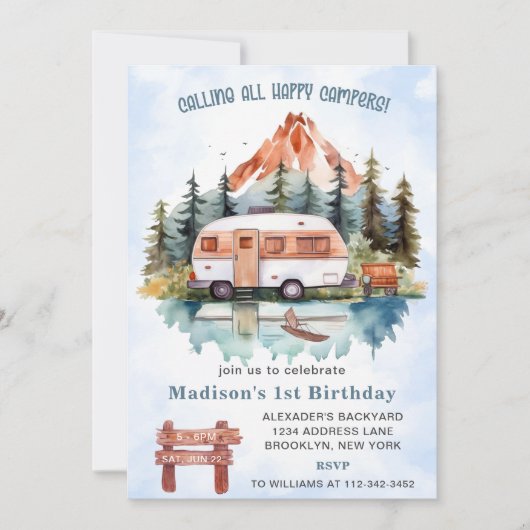 すべてのキャンパーを呼び出す1stバースデーキャンプパーティー 招待状 (正面)