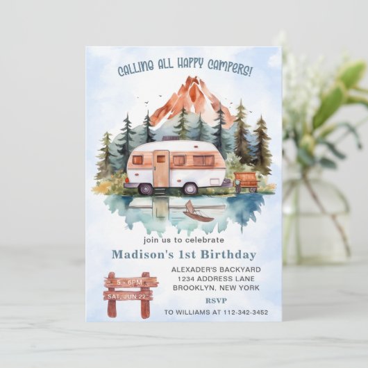 すべてのキャンパーを呼び出す1stバースデーキャンプパーティー 招待状 (スタンド正面)