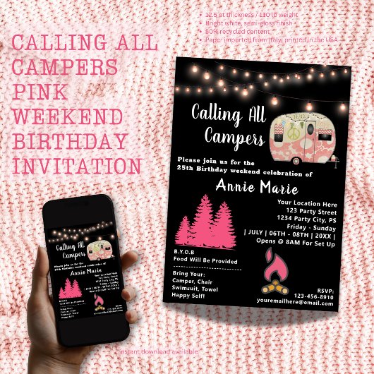 すべてのキャンパーズピンクウィークエンド誕生日 招待状