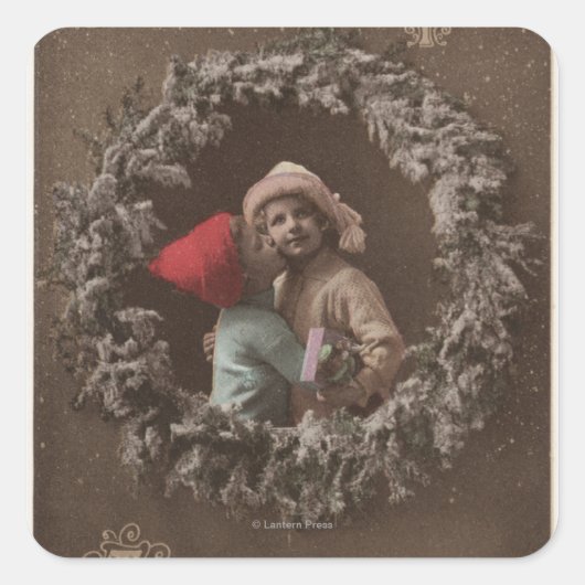 すべてのクリスマスは喜ぶThineLittle Kids キスをする スクエアシール (正面)