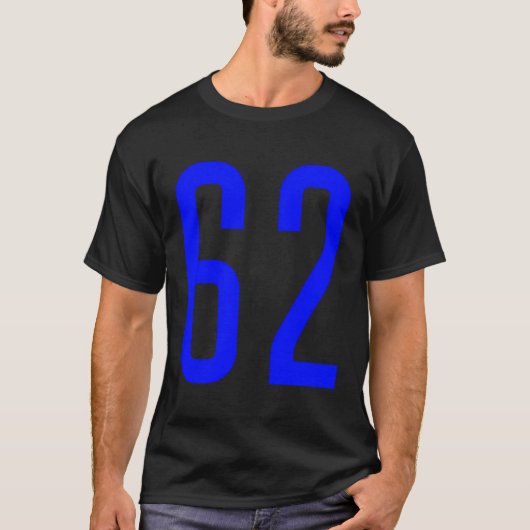 すべてのスポーツファンお気に入りのブルー番号62ジャージー Tシャツ (正面)