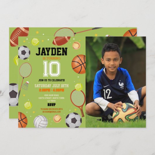 すべてのスポーツ誕生日パーティーサッカーサッカーの写真 招待状 (正面/裏面)