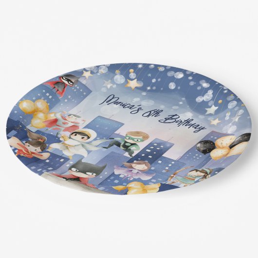 すべてのスーパーヒーローを呼び出す子供の誕生日 ペーパープレート (アングル)