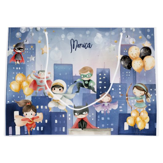 すべてのスーパーヒーローを呼び出す子供の誕生日 ラージペーパーバッグ (正面)