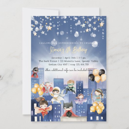 すべてのスーパーヒーローを呼び出す子供の誕生日 招待状 (正面)