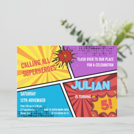 すべてのスーパーヒーローを呼び出す漫画子供の誕生日 招待状 (スタンド正面)