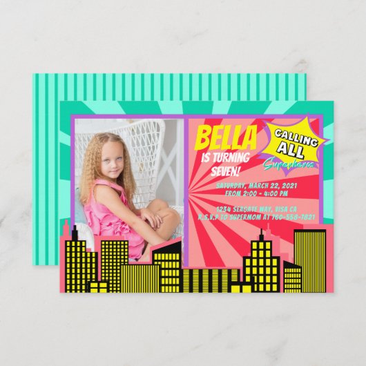 すべてのスーパーヒーローガールパワースーパーヒーローを呼び出すテーマ 招待状 (正面/裏面)