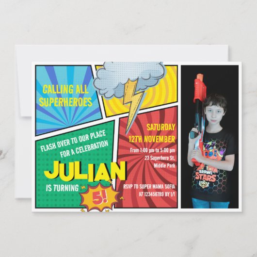 すべてのスーパーヒーロー漫画ブックを呼び出す5誕生日 招待状 (正面)